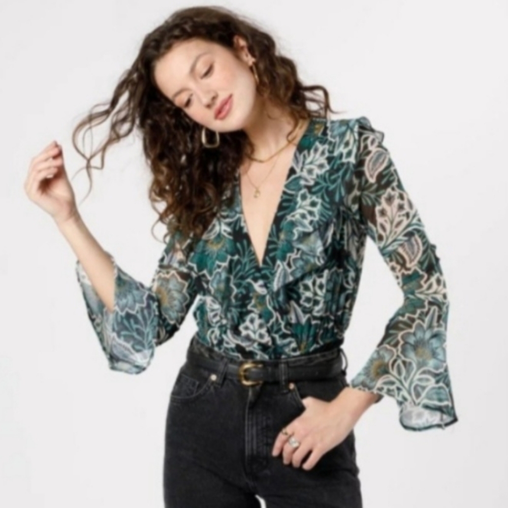 Band of the Free Bonnie Emerald Floral Long Flare Sleeve Boho Bodysuit Size L